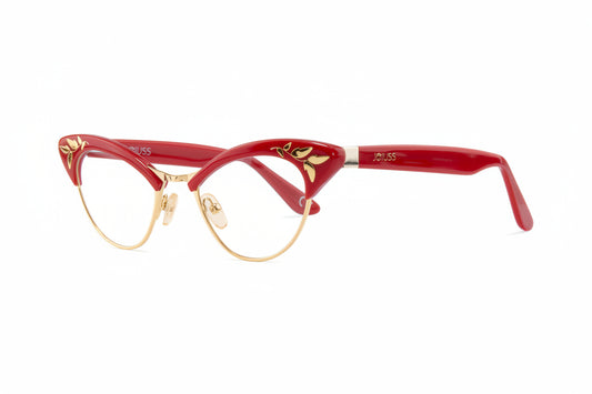 red and gold cat eye glasses frame side view.