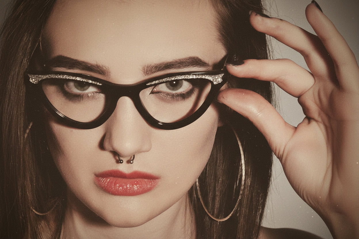 Woman wearing black cat eye glasses