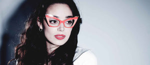 female model wearing joiuss doreen red & cream cat eye glasses