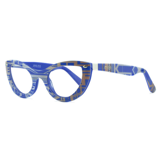 A side view of blue & gold cat eye glasses