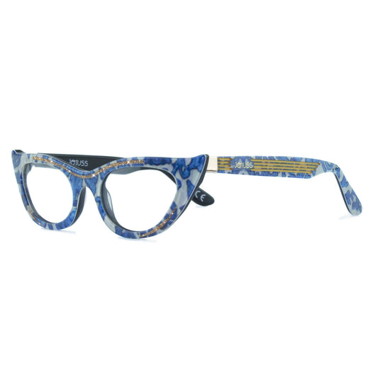 Blue and cream patterned cat eyeglasses on a white background