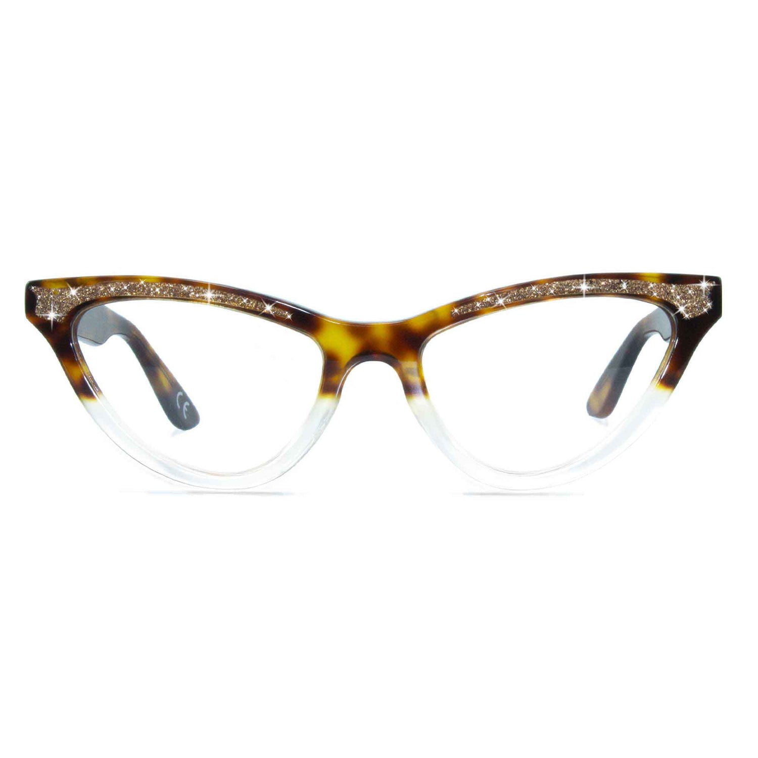 A pair of tortoiseshell patterned cat eye glasses with glitter brow decoration and gold inlaid brand label.