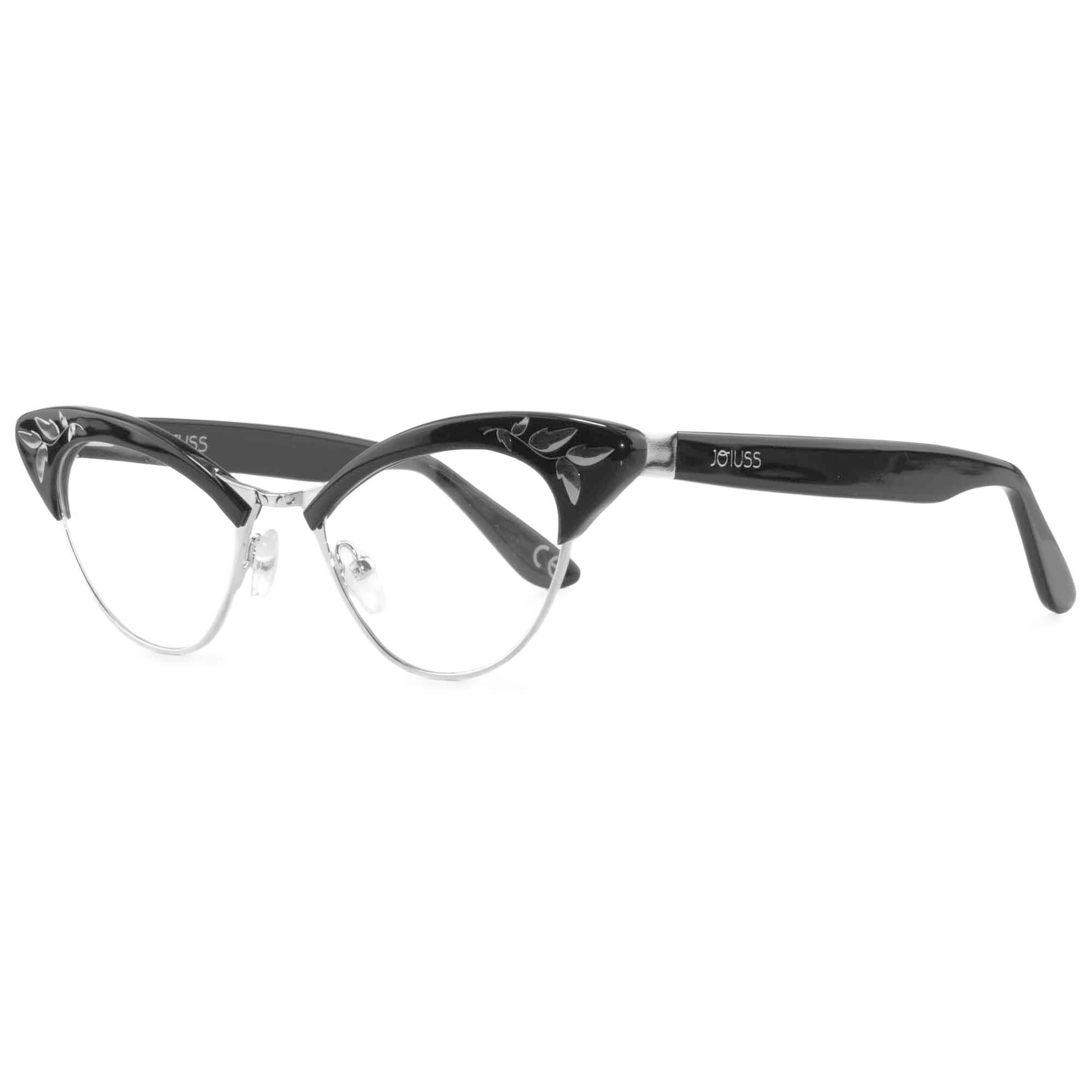 The side view of the Rita black and silver ct eye frames