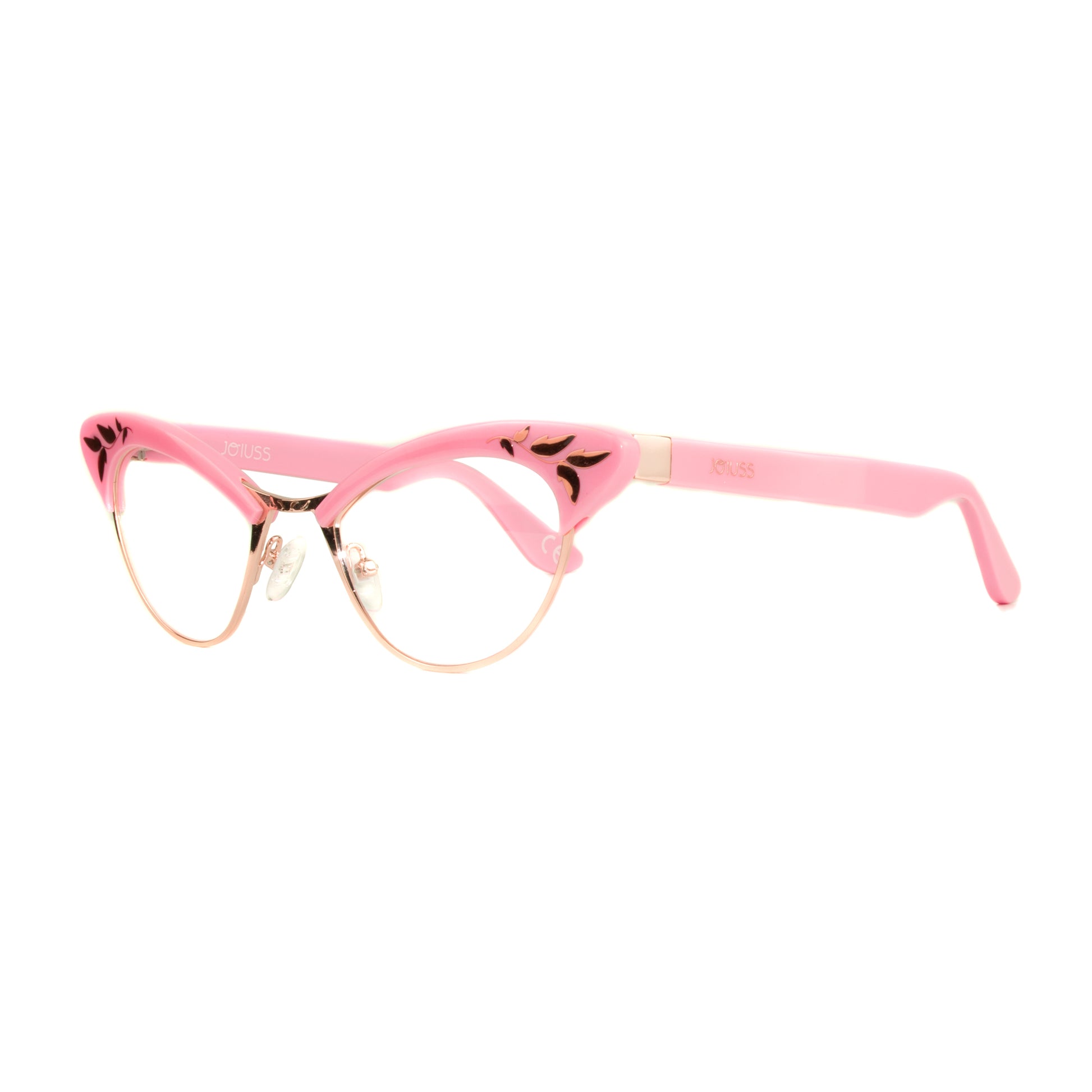 Pink cat eye glasses with rose gold frame and decoration