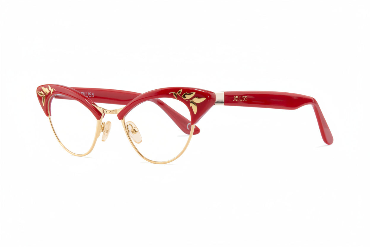 red and gold cat eye glasses frame side view.
