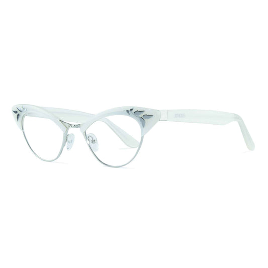 Rita white by JOIUSS™, a side view of pearl white and silver cat eye glasses
