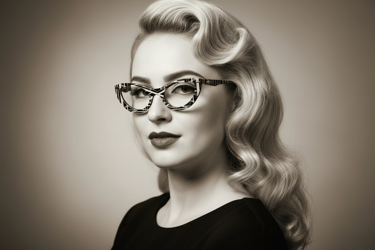 Black & white image of a women wearing a black patterned cat eye 