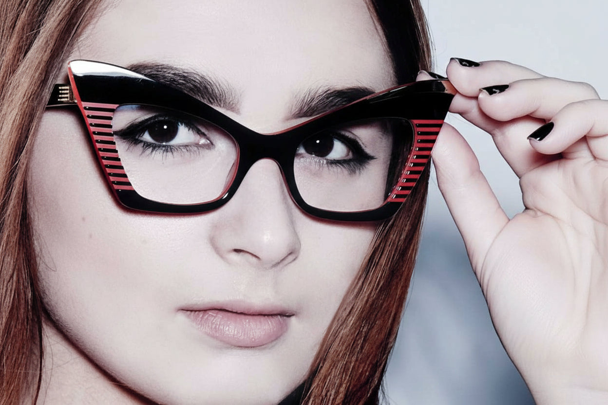 Women wearing black and red cat eye glasses