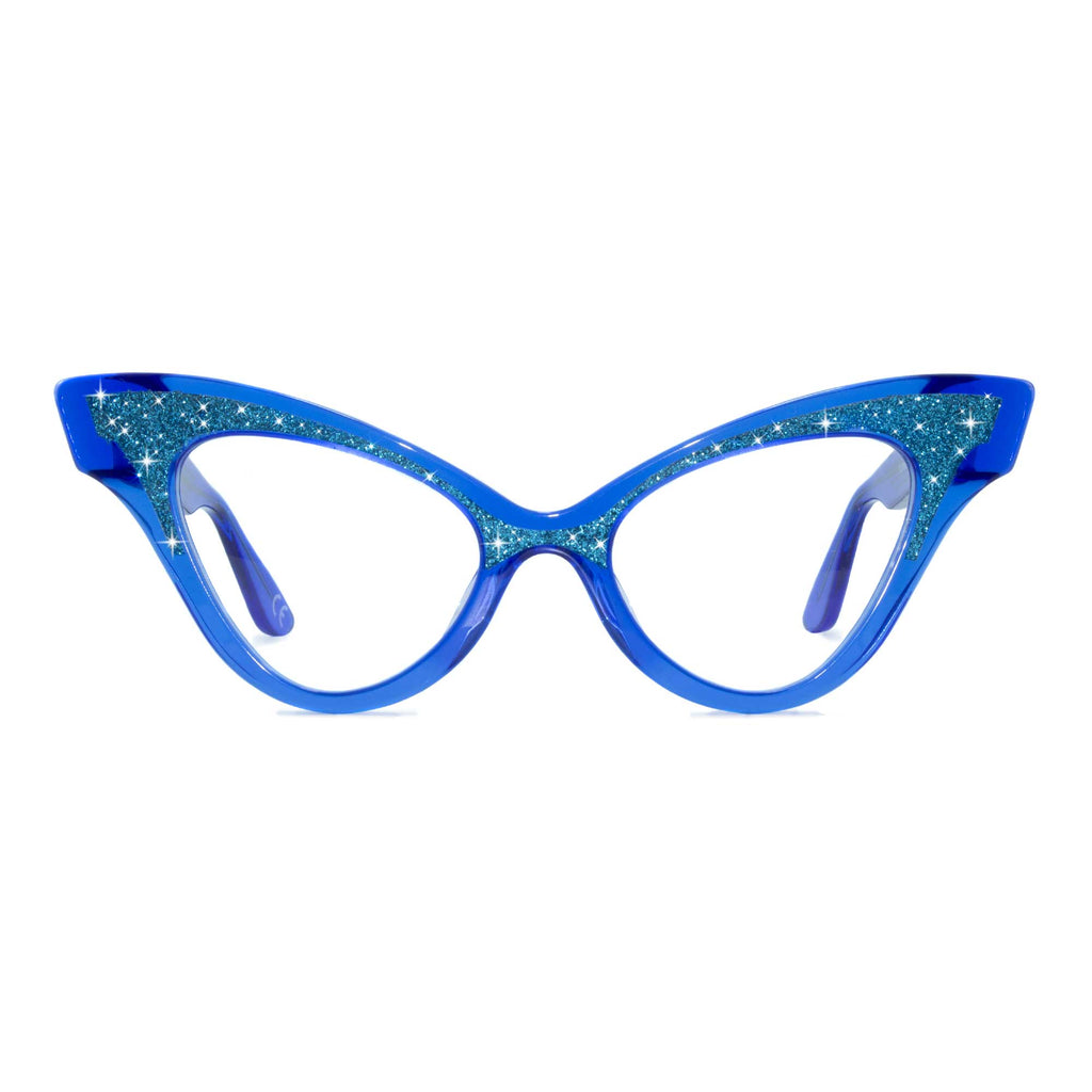 clear blue winged cat eye glasses