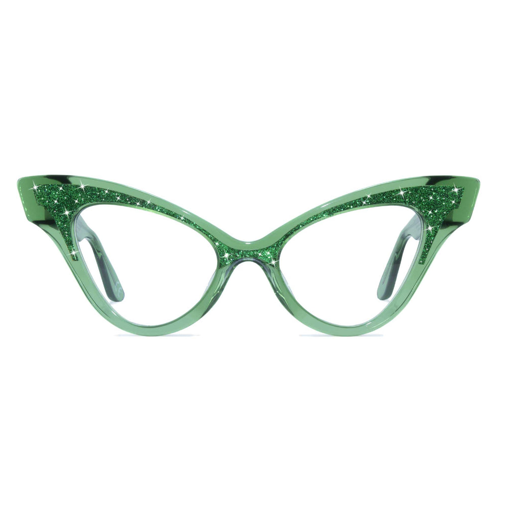 clear green winged cat eye glasses