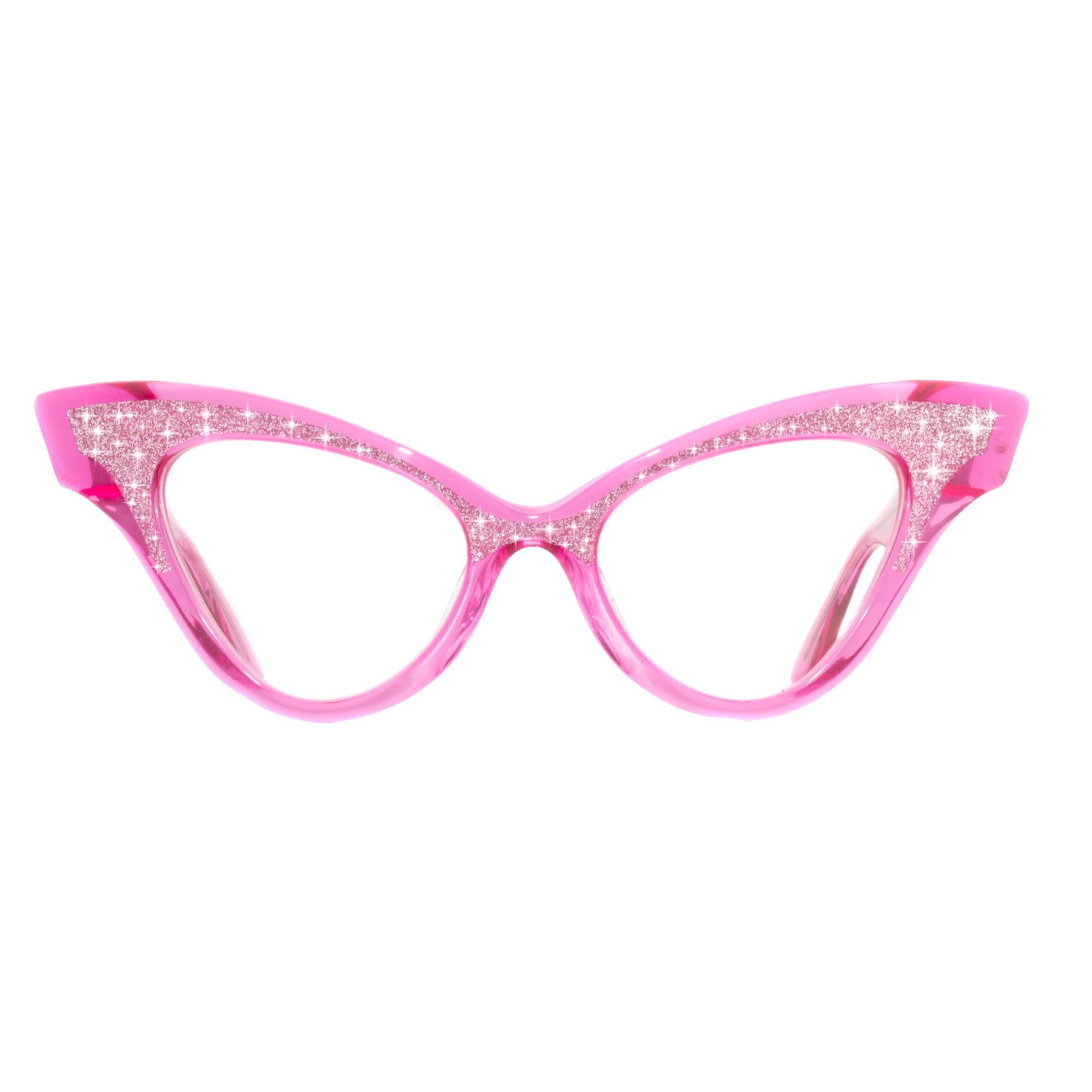 Front view of clear pink cat eye glasses, featuring a gorgeous pink glitter browline decoration. 