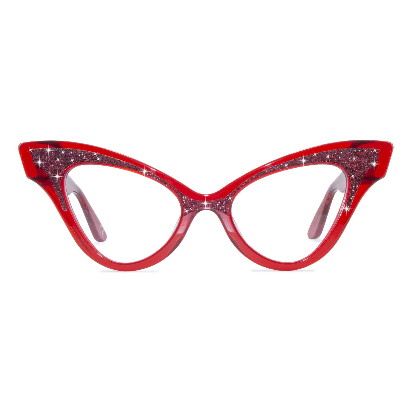 clear red winged cat eye glasses frame, front view