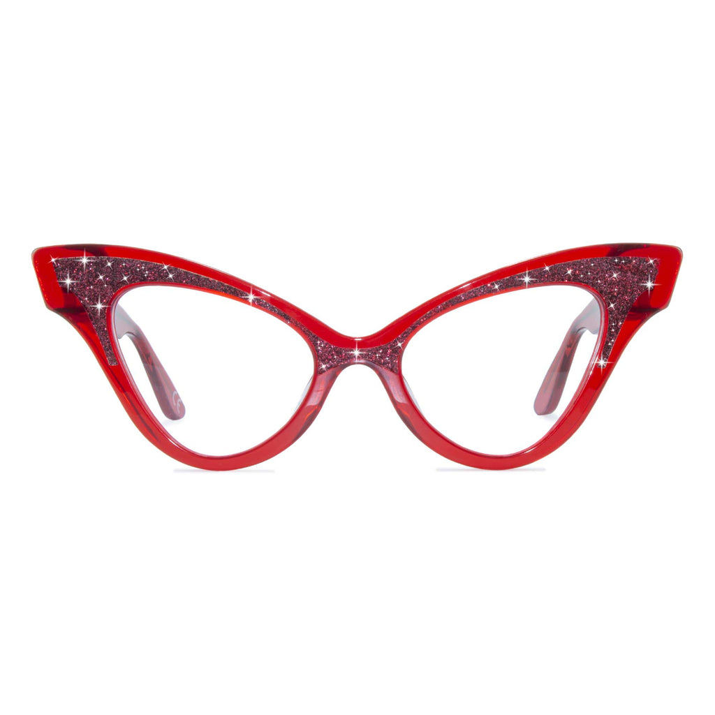 clear red winged cat eye glasses frame, front view