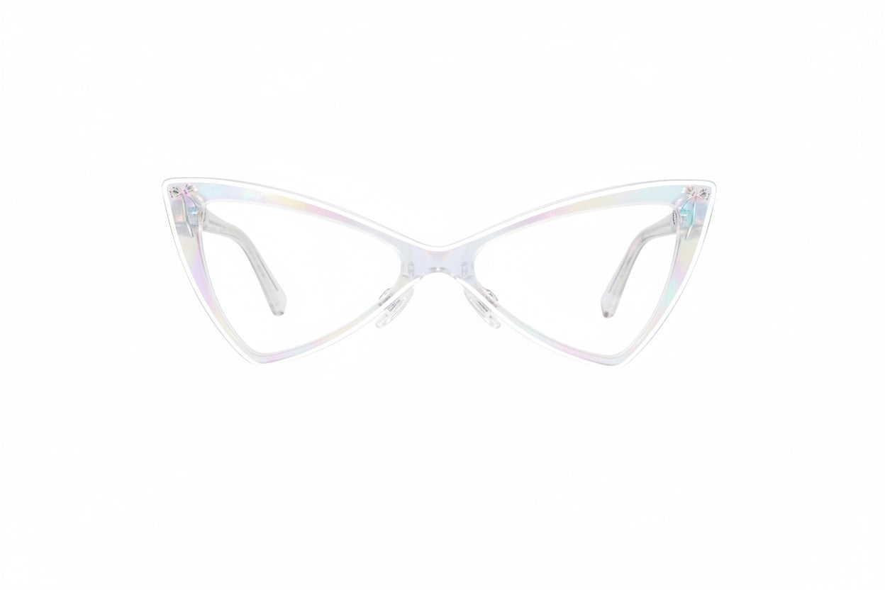 Clear cat-eye style glasses with rainbow acetate and silver foil bows, and diamantes on the side arms.