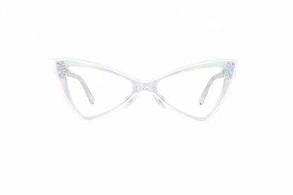 Clear cat-eye style glasses with rainbow acetate and silver foil bows, and diamantes on the side arms.