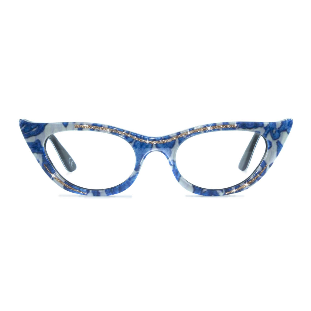blue & cream winged cat eye glasses