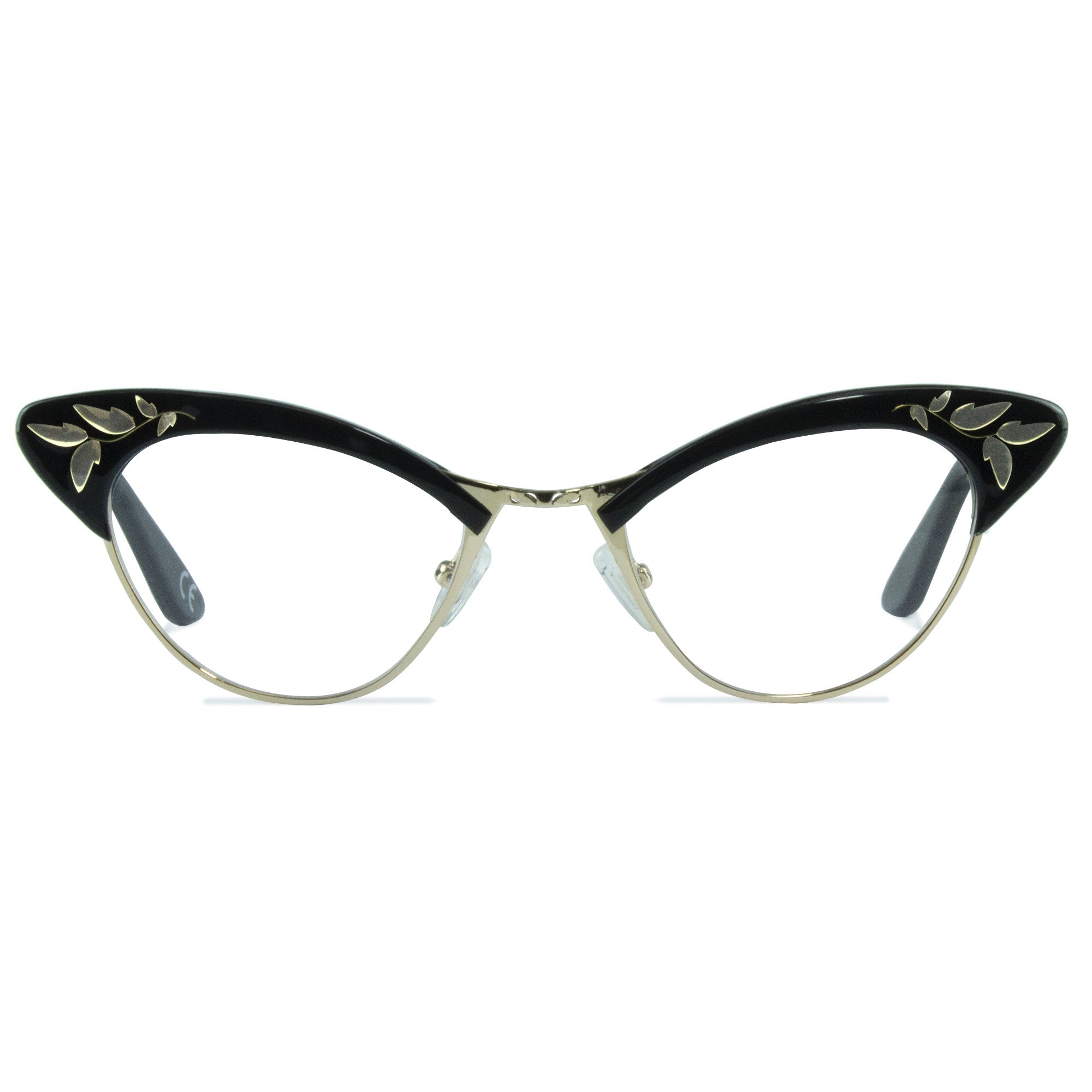 cat eye glasses black and gold frame front view
