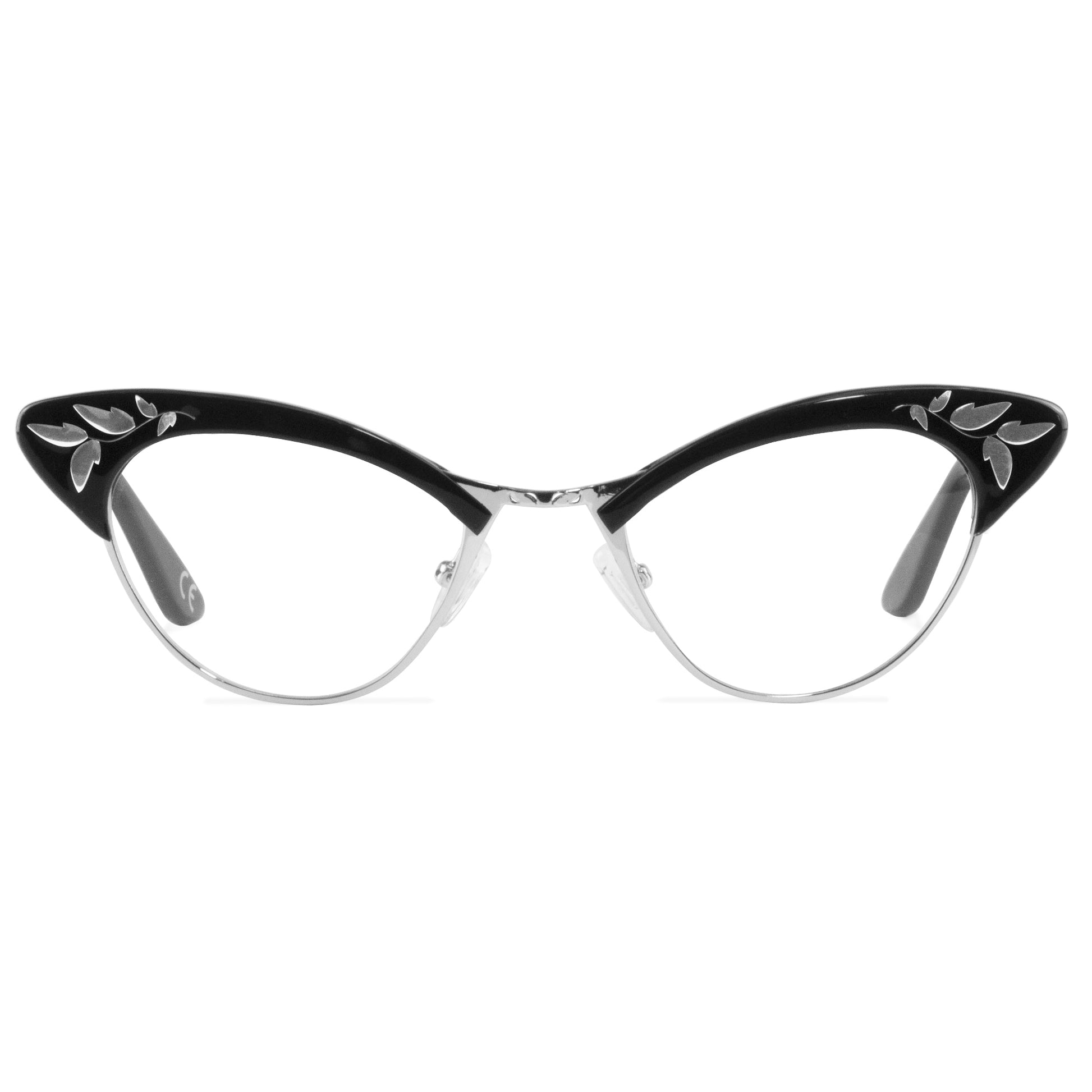 A pair of Rita cat eye glasses with black and silver acetate frames, featuring silver leaf embellishments on the browline.