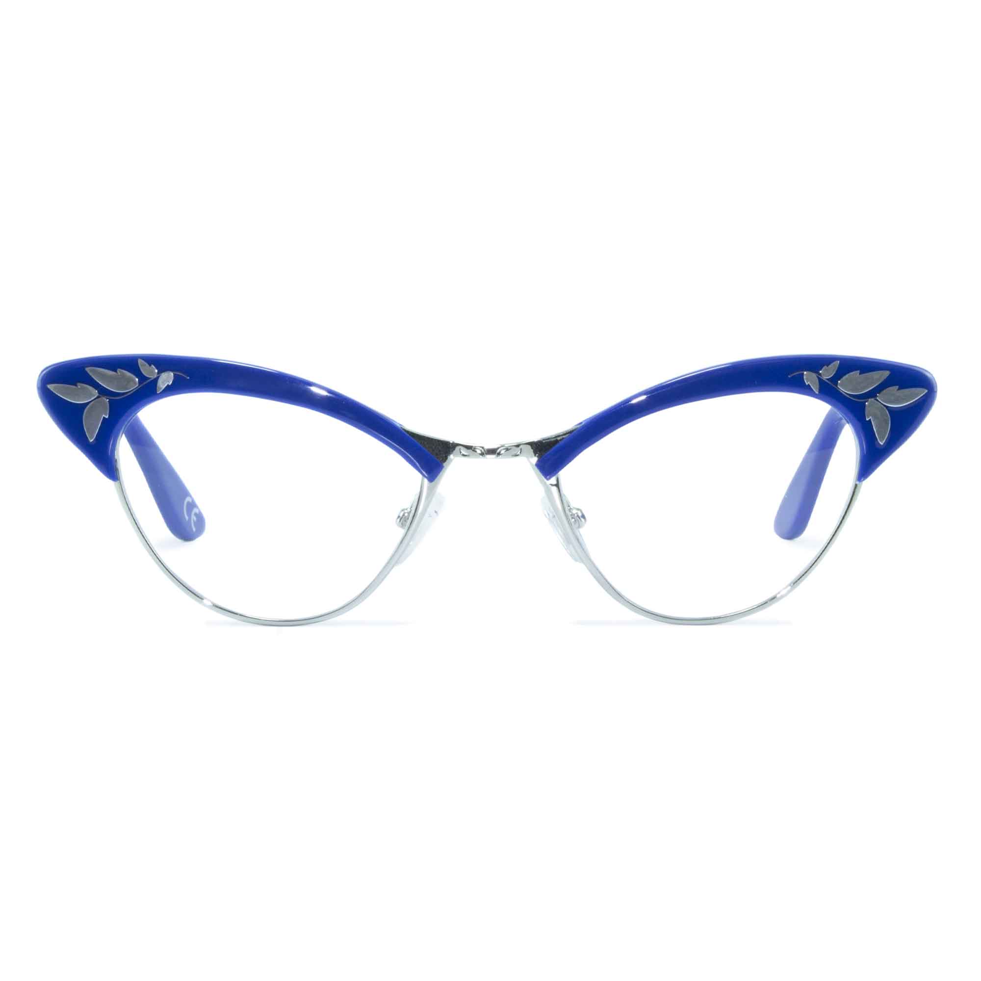 blue & gold cat eye glasses front view