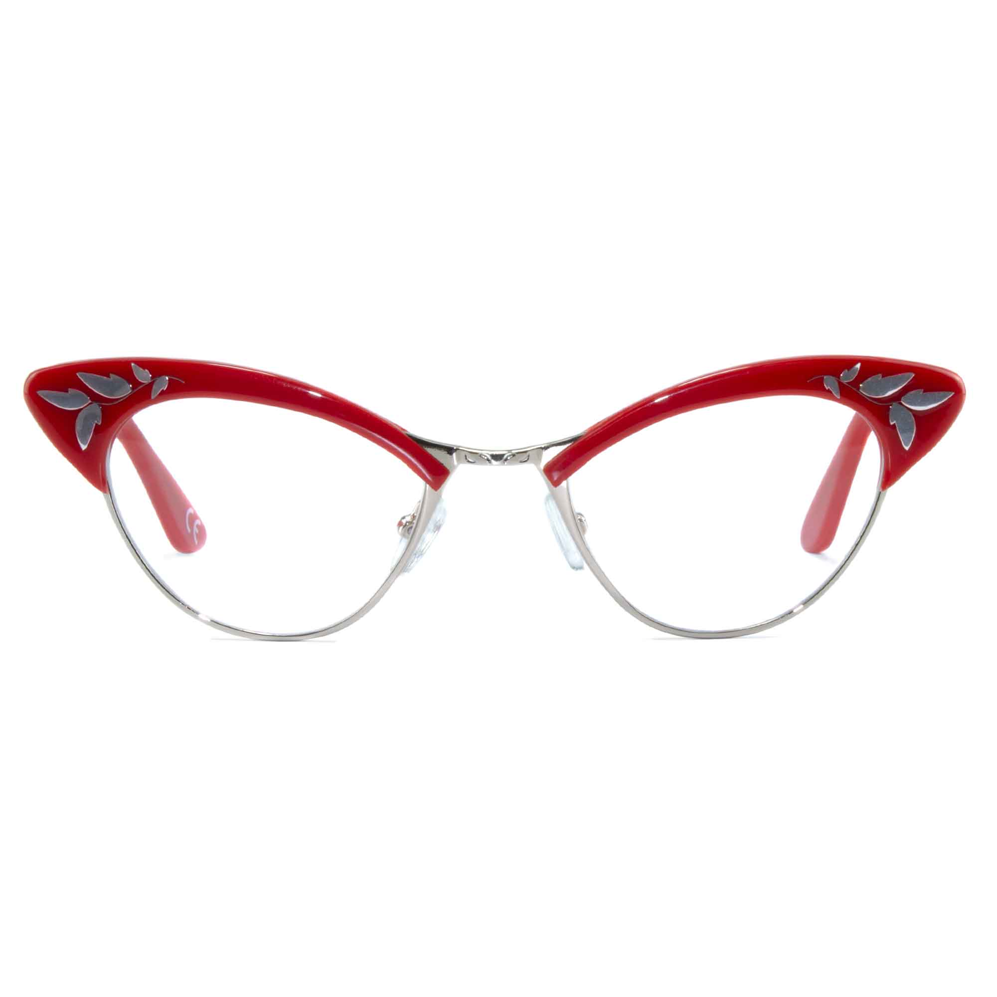 red & gold cat eye glasses front view