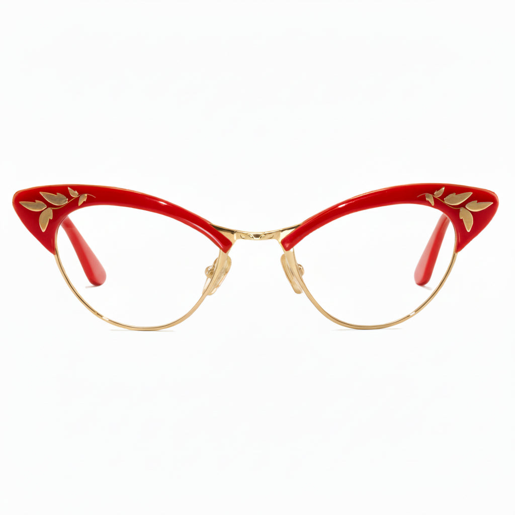 red & gold cat eye glasses front view