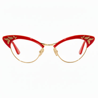 red & gold cat eye glasses front view